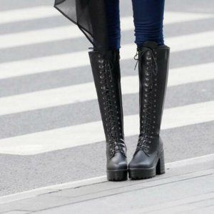 NIB Black Boots Chunky Heels Platform Zipper Lace Up Size 9